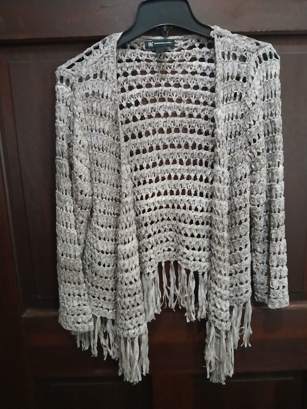 INC International Concepts Open Crochet Fringe Cardigan - Beige Size L Boho
